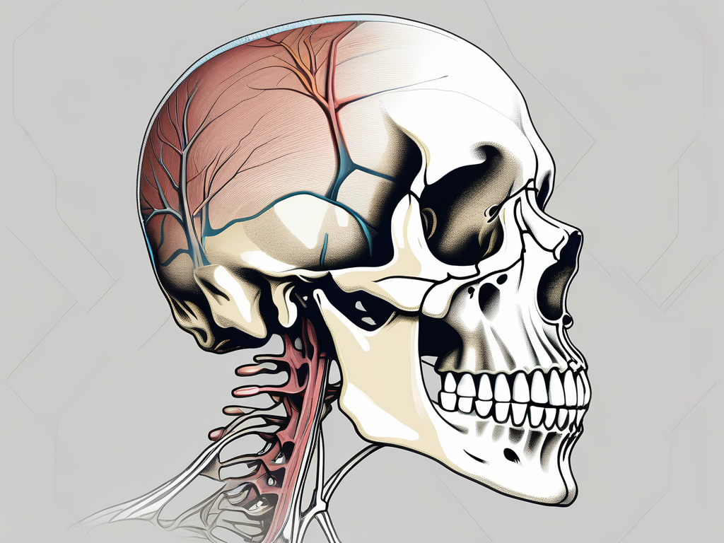 A detailed human skull from a side view