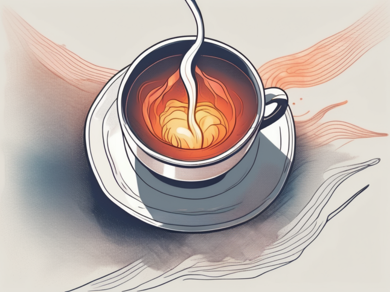 A steaming cup of hot liquid next to a stylized depiction of a mandibular nerve lighting up or flaring