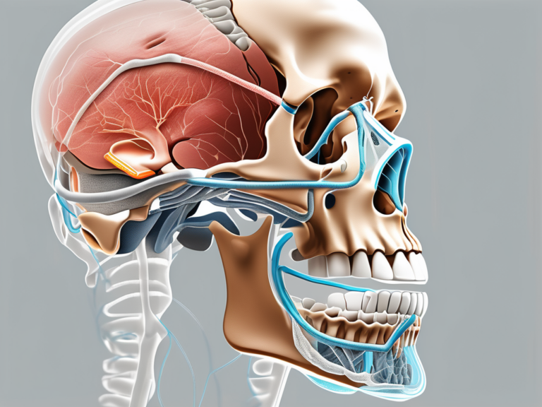 A detailed human jawbone with highlighted mandibular nerve pathways